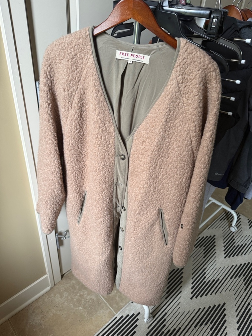 Free People Taupe Bouclé Coat with V-Neck